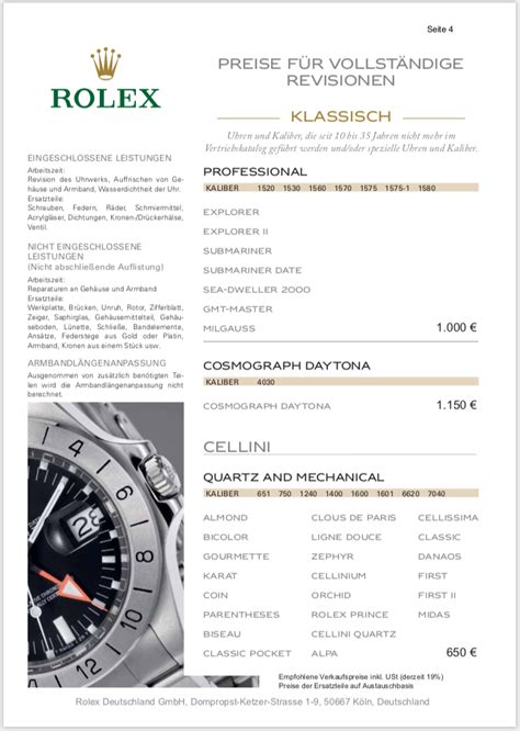 rolex revision preisliste